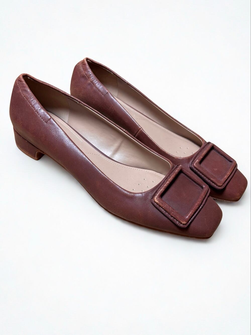 NYDJ Caramel Brown Leather Square Toe Buckle Detail Ballet Flats Size 10